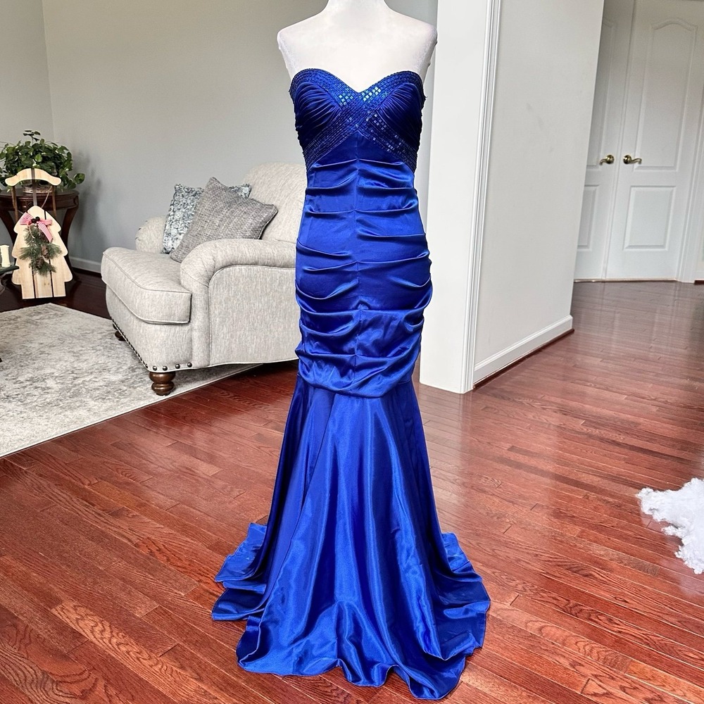 Bee Darlin Royal Blue Satin Ruched Sexy Open Back Strapless Beaded Gown Dress